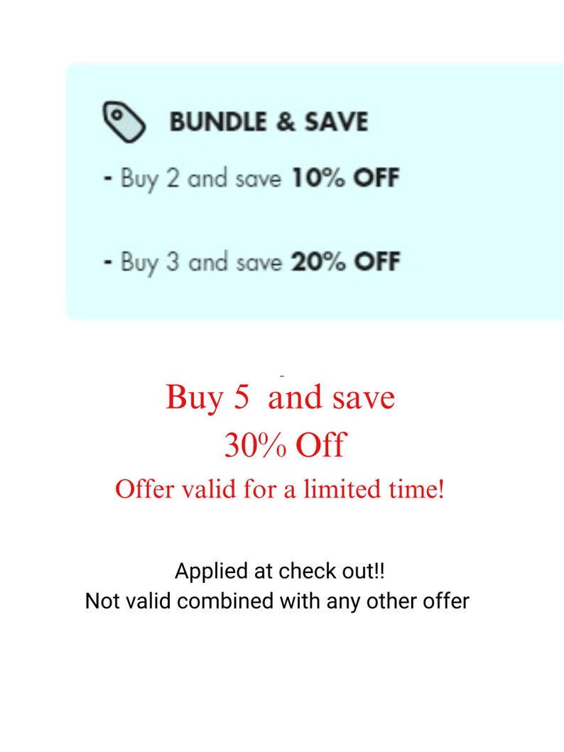 Pode incluir: Um gr&aacute;fico azul e branco com o texto "BUNDLE & SAVE" e detalhes sobre descontos para a compra de 2, 3 ou 5 itens. O texto "Buy 5 and save 30% Off" est&aacute; em vermelho e o texto "Offer valid for a limited time!" tamb&eacute;m est&aacute; em vermelho. O texto "Applied at check out!! Not valid combined with any other offer" est&aacute; em preto.