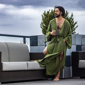 Green Robe For Men, Bath Robe For Men, Caftan Robe Djellaba, Kaftan Robe, Men Bathrobe, Men Loungewear, Long Loose Robe, Groomsmen Robe