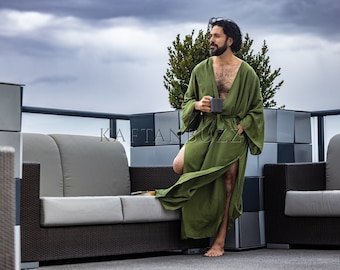 valentines day Gift, Green Robe For Men, Bath Robe, Caftan Robe Djellaba, Men Bathrobe, unisex Loungewear, Long Loose kimono, Groomsmen Robe