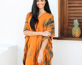 Beautiful Orange Tie Dye Silky Kaftan Dress, African Maxi Dress, Plus Size Clothing, Women's Resort Wear, Flowy and Comfortable Outfit