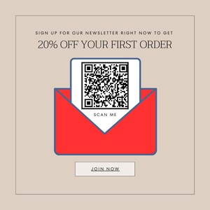 Puede incluir: Un sobre rojo con un c&oacute;digo QR blanco en su interior. El c&oacute;digo QR tiene el texto "SCAN ME" debajo. El texto "SIGN UP FOR OUR NEWSLETTER RIGHT NOW TO GET 20% OFF YOUR FIRST ORDER" est&aacute; en la parte superior de la imagen. El texto "JOIN NOW" est&aacute; en la parte inferior de la imagen.