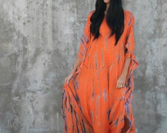 Orange Tie Dye Dress – Pumpkin Spice Fall Outfit, Halloween Party Caftan, Cozy Boho Dress, Plus Size Women’s Dress, Autumn Resort Wear