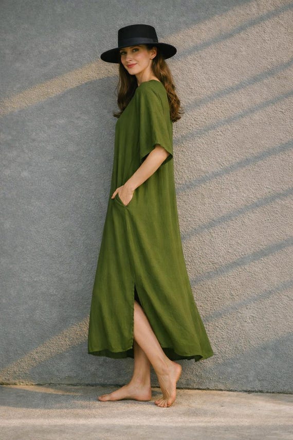 Olive Green Kaftan Dress Short | Oversized Short Summer Dress with Pockets | Casual Lounge Wear