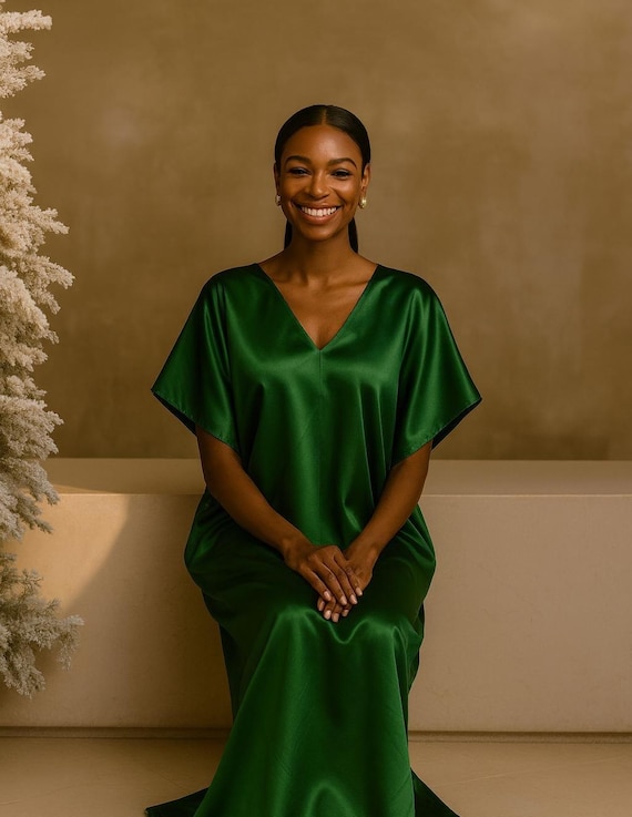 Emerald Green Silk Caftan Dress | Luxe Gold Holiday Kaftan | Elegant Maxi Dress for Christmas, New Year's Eve & Special Occasions