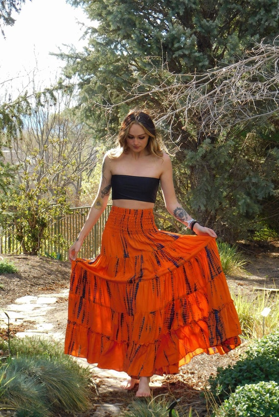 Orange Tiered Skirt Tie Dye Skirt Long Bohemian Skirt - Etsy
