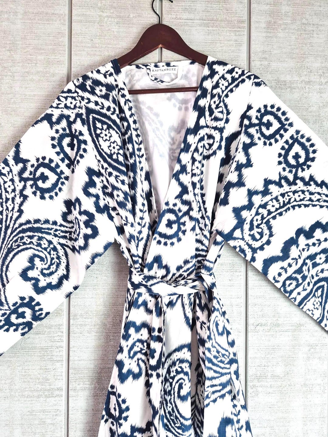 Material Robe Men Hand-made Cotton Men's Robe, Blue & White Ikat Kimono Robe Natural ...