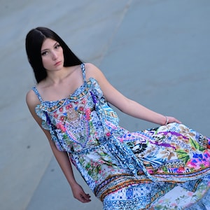 Floral Print High Low Dress with belt,bohemian Dress,Boho Chic Dress for Beach Outdoor,kaftan maxi dress, caftan, goddess dress,embellished