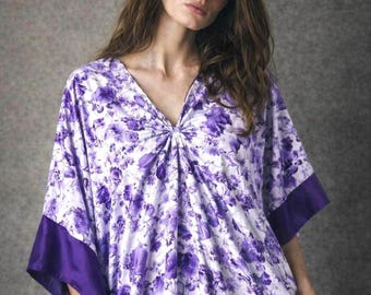 Purple Caftan Dress | silky Floral Kaftan with Cinched Neckline | Soft satin Lounge Dress | Plus & Extra Plus Sizes