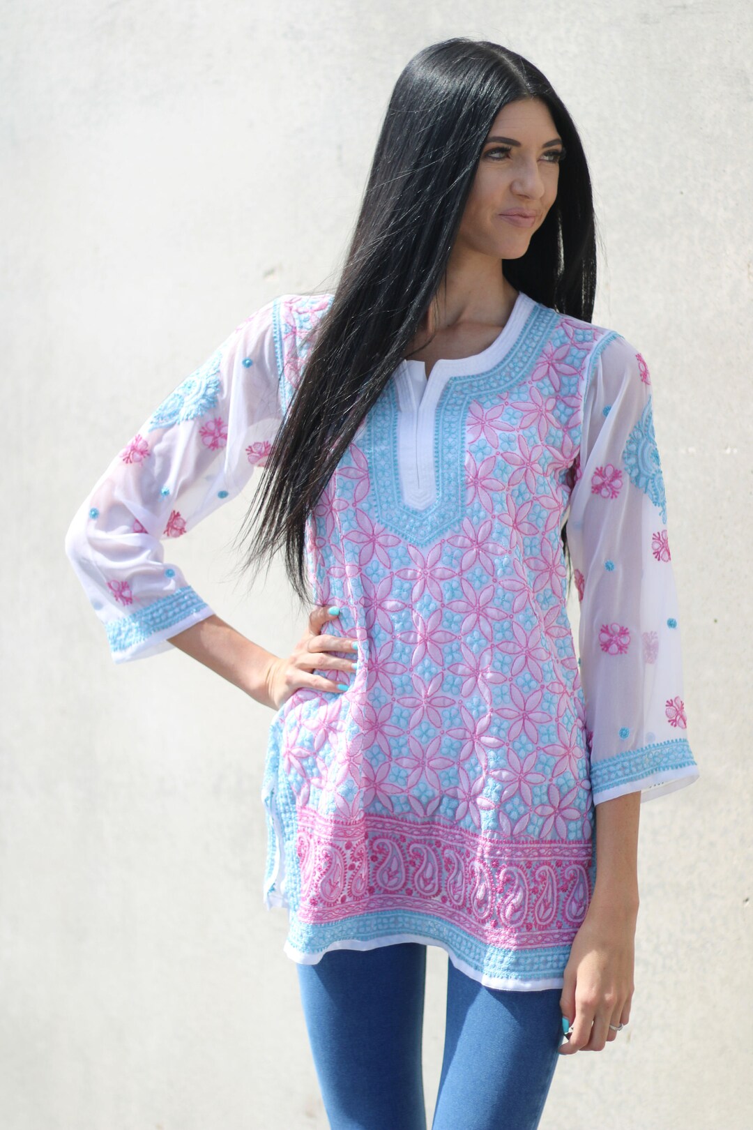 Blue Chikan Kurta Embroidered Tunic Beach Cover Up - Etsy