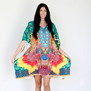 Hawaiian Print Mumu Dress Plus Size Caftan Short Kaftan Boho Beach Cover Up Kaftan Resort Wear Summer Party Dress floral rainbow dress swim
