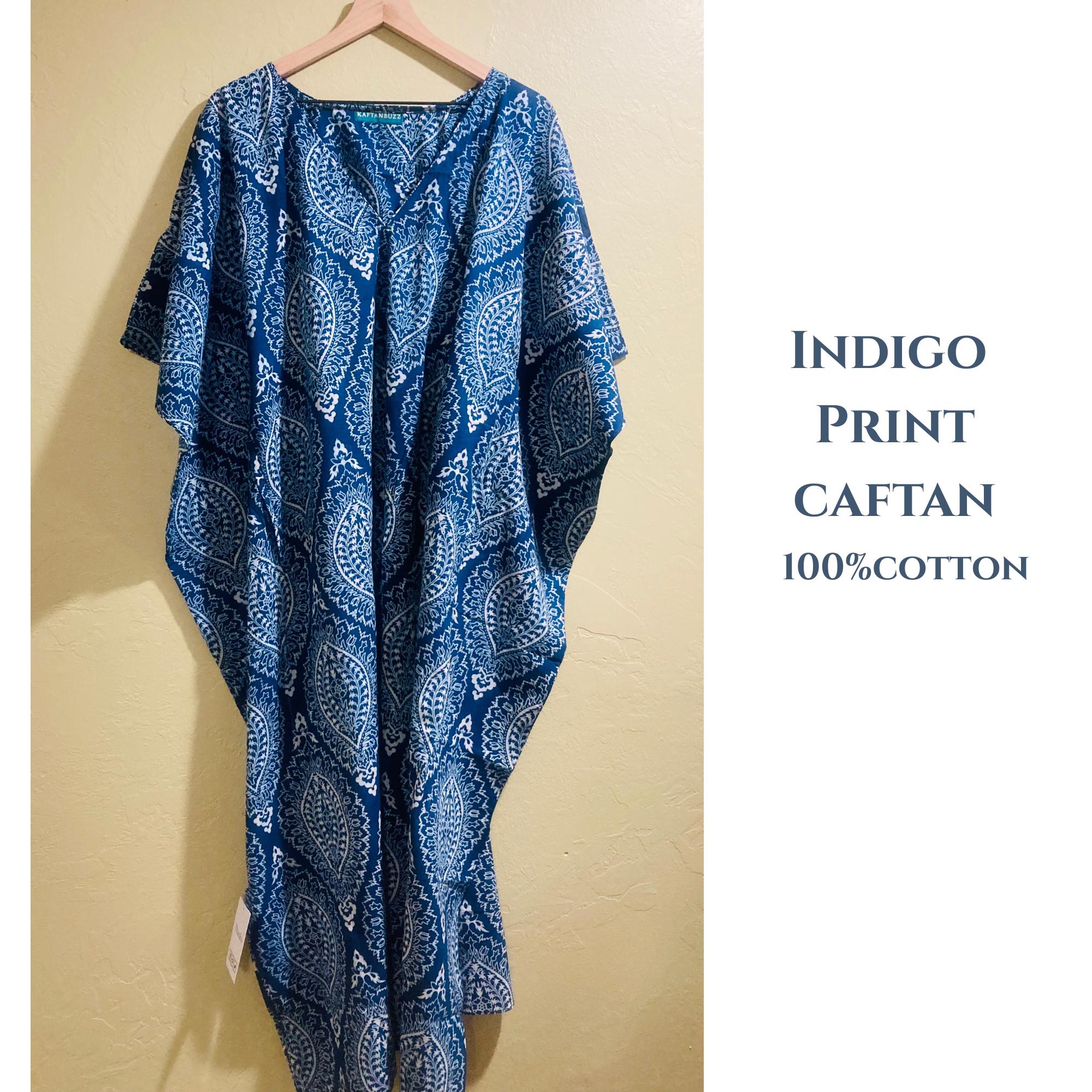 Robe Kaftan Longue En Coton Imprimé Block Print - Taille Libre, Fait Main, Pour Plage, Maison, été