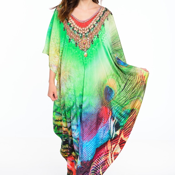 kaftan, caftan, maxi kaftan dress plus caftan dress peacock feather dress digital print free size dress in GREEN
