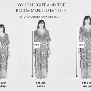 Puede incluir: Un gr&aacute;fico que muestra las longitudes de kaft&aacute;n recomendadas en funci&oacute;n de la altura. El gr&aacute;fico muestra a tres mujeres de diferentes alturas con kaftanes. La longitud recomendada para una mujer que mide 4'10" y m&aacute;s es de 45 pulgadas. La longitud recomendada para una mujer que mide 5'2" y m&aacute;s es de 50 pulgadas. La longitud recomendada para una mujer que mide 5'5" y m&aacute;s es de 55 pulgadas.