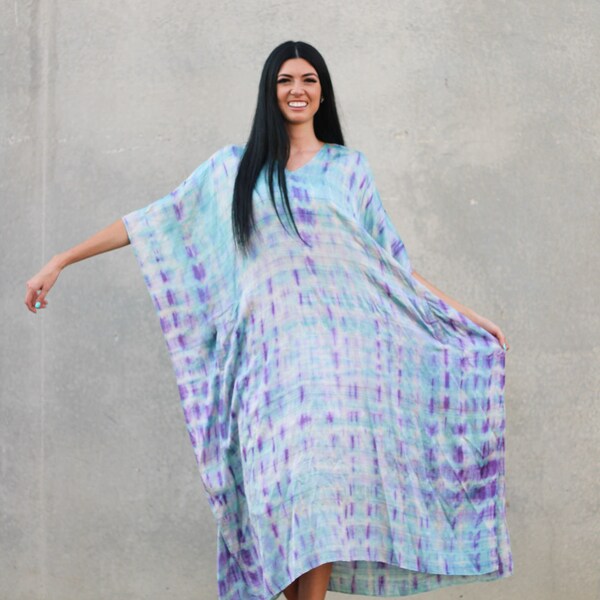 Raw silk kaftan dress for women, organic silk dress, textured silk caftan dress, silk tie dyed dress for plus size, kaftan with pockets