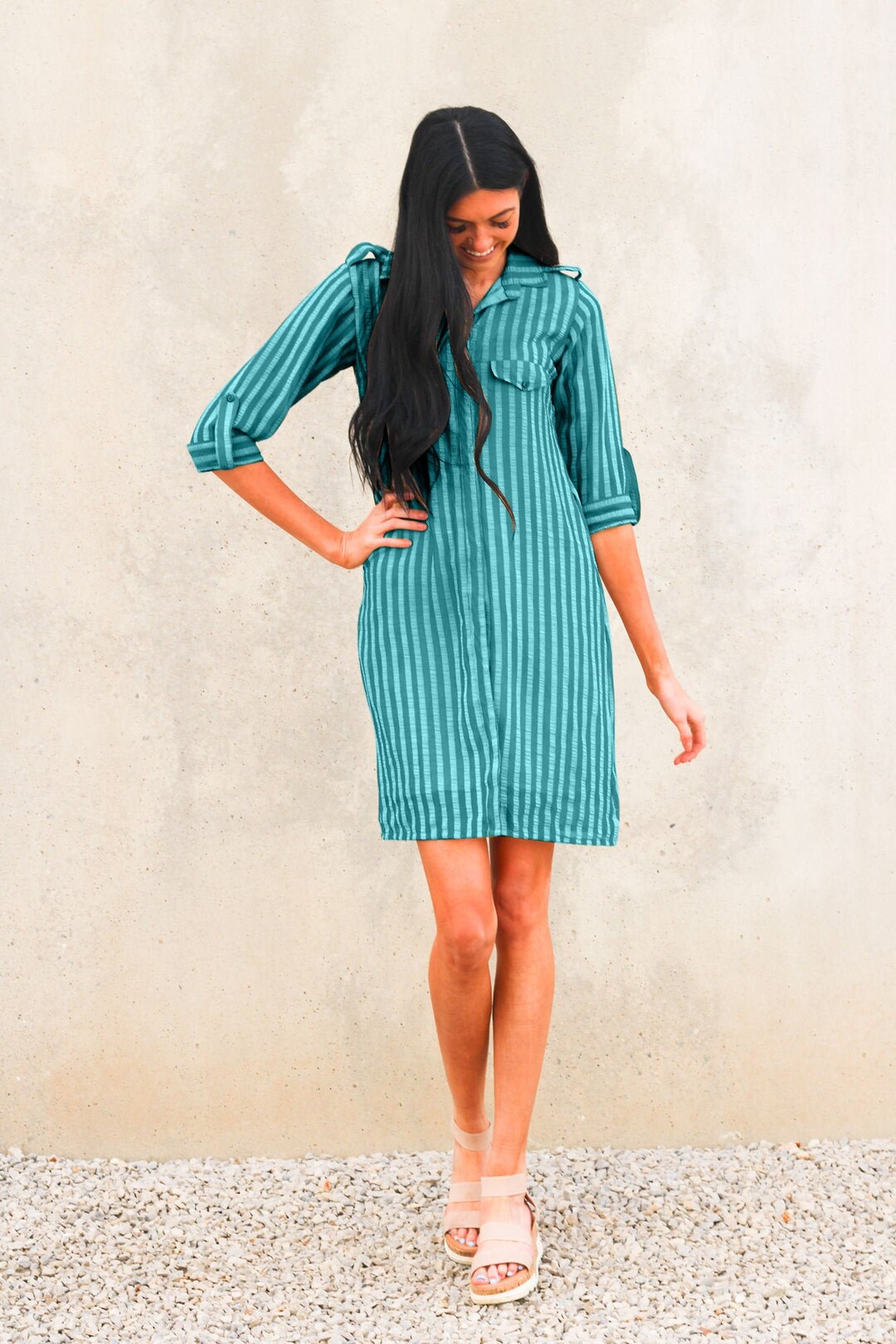 Teal Short Dress Women Shirt Dress Collar Dress Striped Etsy