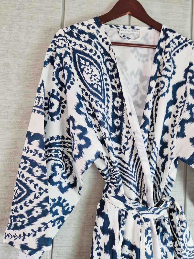 Material Robe Men Hand-made Cotton Men's Robe, Blue & White Ikat Kimono Robe Natural ...