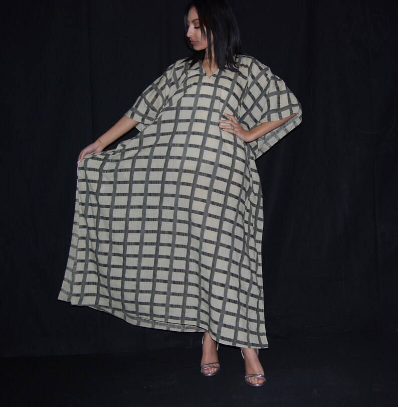 Oversized Kaftan Bohemian Clothing Comfy Maxi Dress Plus Size Clothing Cotton Kaftan Lounge Long Dress Check Dress Maternity Dress