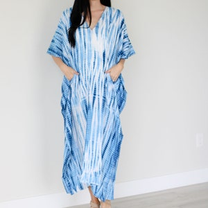 Blue Kaftan Dress Plus Size Clothing Long Maxi Caftan with Pockets Boho Loungewear Comfortable Dress for Women Maternity Nursing Mumu Dress