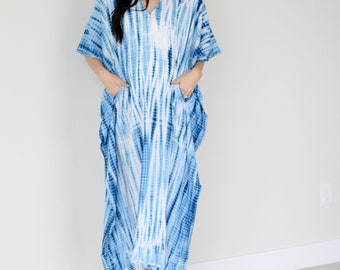 Caftán, vestido caftán azul con bolsillos, ropa de playa de tallas grandes, pareo de playa, caftán de tallas grandes, vestido maxi largo, vestido caftán