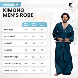 Puede incluir: Una bata de kimono azul turquesa con una faja. La bata tiene mangas largas y aberturas laterales. Una tabla de tallas muestra las medidas en pulgadas para la longitud, el hombro, el pecho, la cintura, la longitud de la manga, la longitud de las aberturas laterales y el pu&ntilde;o.