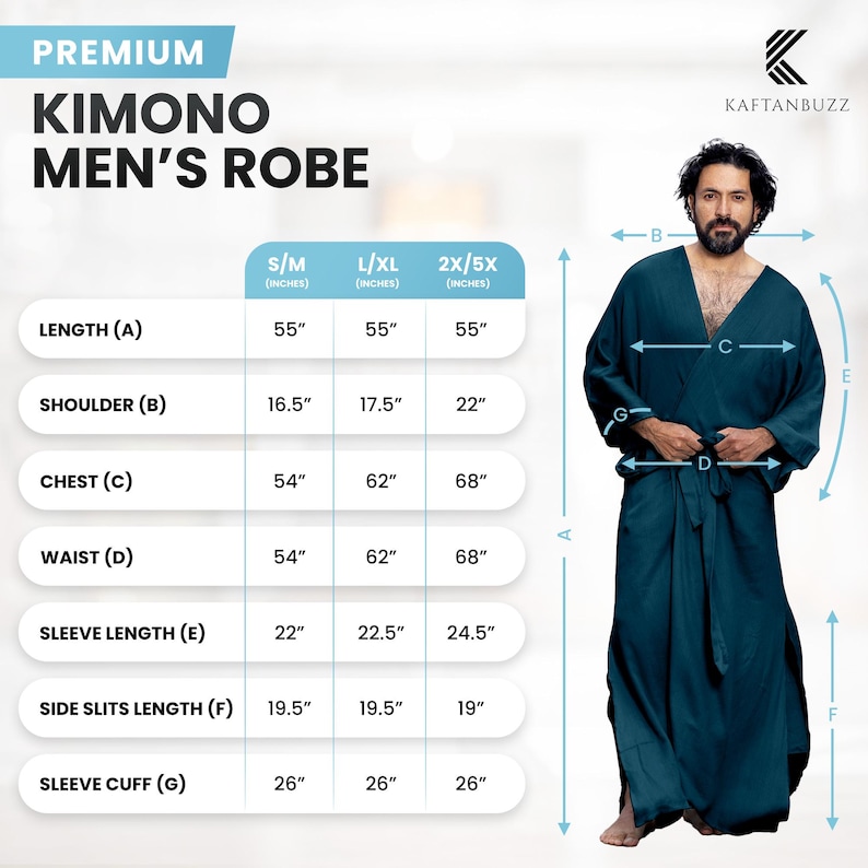 Puede incluir: Una bata de kimono azul turquesa con una faja. La bata tiene mangas largas y aberturas laterales. Una tabla de tallas muestra las medidas en pulgadas para la longitud, el hombro, el pecho, la cintura, la longitud de la manga, la longitud de las aberturas laterales y el pu&ntilde;o.