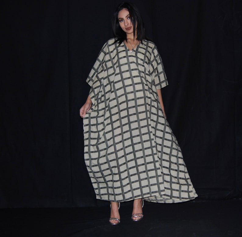 Oversized Kaftan Bohemian Clothing Comfy Maxi Dress Plus Size Clothing Cotton Kaftan Lounge Long Dress Check Dress Maternity Dress