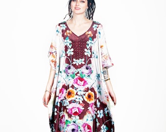 Women Caftan Dress, Comfortable Maxi Dress, Plus Size Clothing, Women Loungewear, Japanese Clothing, Floral Kimono Dress, Boho Home Clothing