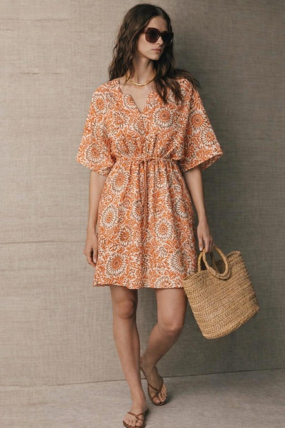 Orange Floral Block Print Kaftan Dress, Cotton Summer Dress, Cinched Waist Tunic, Lightweight Beach Cover Up, Boho Resort Wear Women