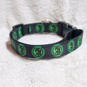 May include: Black dog collar with a repeating green graphic of a creature with wings.