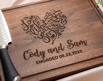 Personalized, Engraved Cutting Board with Cute Heart Design for Wedding or Engagement Gift #041