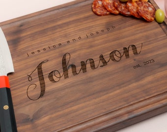 Personalized, Engraved Cutting Board with Minimalist Family Name Design for Housewarming or Wedding Gift #081