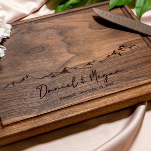 Personalized, Engraved Cutting Board with Minimalist Mountain Design for Housewarming or Wedding 103 image 1