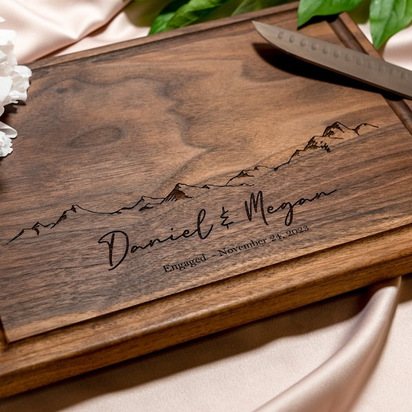 Personalized, Engraved Cutting Board with Minimalist Mountain Design for Housewarming or Wedding #103