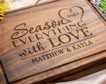 Personalized, Engraved Cutting Board with Cute Family Design, Custom Gift for Wedding or Anniversary 032