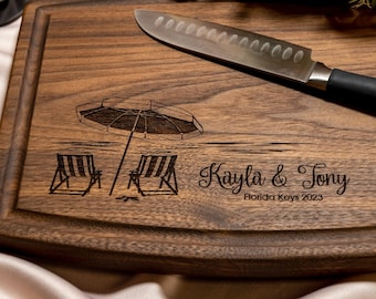 Personalized, Engraved Cutting Board with Beach Destination Design for Retirement or Wedding #051