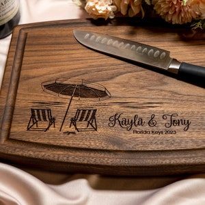 Personalized, Engraved Cutting Board with Beach Destination Design for Retirement or Wedding 051 image 1