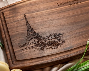 Personalized, Engraved Cutting Board with Paris and Eiffel Tower Design for Anniversary or Engagement Gift #047+Bonus Free Care Kit included