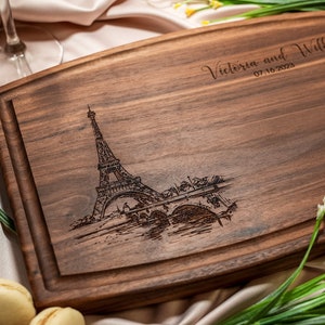 Personalized, Engraved Cutting Board with Paris and Eiffel Tower Design for Anniversary or Engagement Gift #047