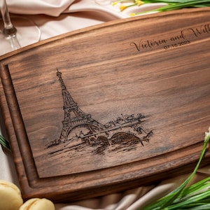 Personalized, Engraved Cutting Board with Paris and Eiffel Tower Design for Anniversary or Engagement Gift #047+Bonus Free Care Kit included