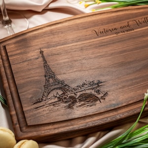 Personalized, Engraved Cutting Board with Paris and Eiffel Tower Design for Anniversary or Engagement Gift #047