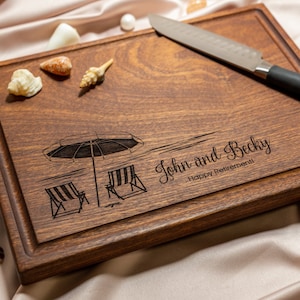 Personalized, Engraved Cutting Board with Beach Destination Design for Retirement or Wedding #051+ Bonus Free Care Kit included