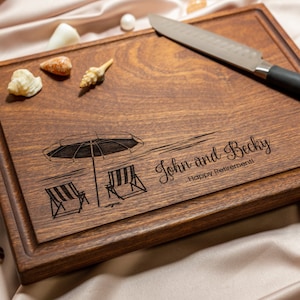 Personalized, Engraved Cutting Board with Beach Destination Design for Retirement or Wedding #051