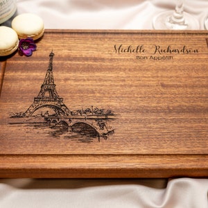Personalized, Engraved Cutting Board with Paris and Eiffel Tower Design for Anniversary or Engagement Gift #047