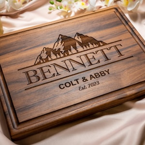 Personalized, Engraved Cutting Board with Bold Mountains Design for Wedding or Housewarming Gift #108