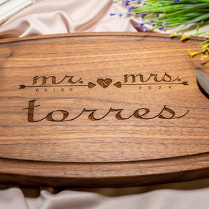 Personalized, Engraved Cutting Board with Romantic Mr & Mrs Design for Wedding or Engagement Gift #021+ Bonus Free Care Kit included