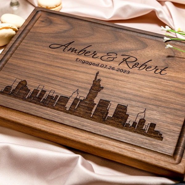 Personalized, Engraved Cutting Board with Modern City Skyline Design for Housewarming or Wedding Gift #050+Bonus Free Care Kit included