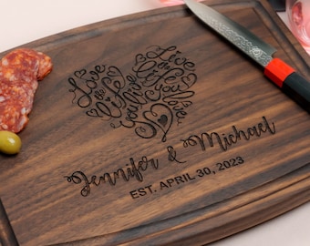 Personalized, Engraved Cutting Board with Cute Heart Design for Wedding or Engagement Gift #041