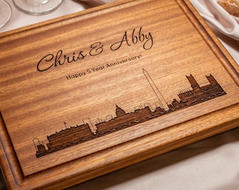 Personalized, Engraved Cutting Board with Modern City Skyline Design for Housewarming or Wedding Gift #050