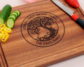 Personalized, Engraved Cutting Board with Natural Family Tree Design for Housewarming or Wedding Gift #025