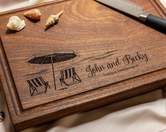 Personalized, Engraved Cutting Board with Beach Destination Design for Retirement or Wedding #051